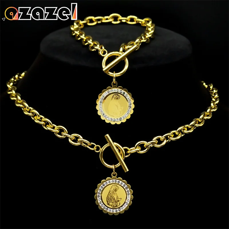 

Faith Virgin Mary Pendant Necklace Bracelets Sets Gifts Women Stainless Steel Gold Color Rhinestone Our Lady Jewelry Set ZZZ460