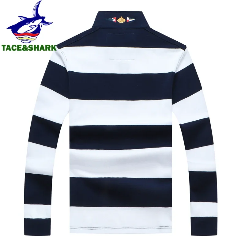 TACE&SHARK Brand Shark Wide Stripes Embroidery Red Long Sleeve Polo Tops Casual Fashion Men Slim Polo Casual Business Clothes