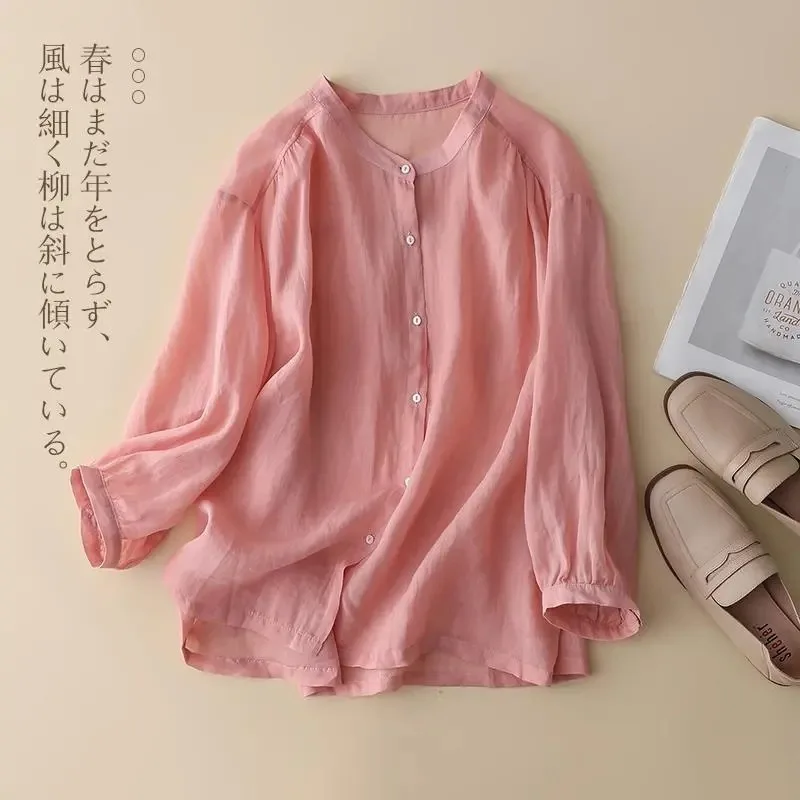 

Женская высококачественная хлопково-льняная рубашка: весенне-летняя повседневная свободная блузка с рукавом три четверти, элегантный топ