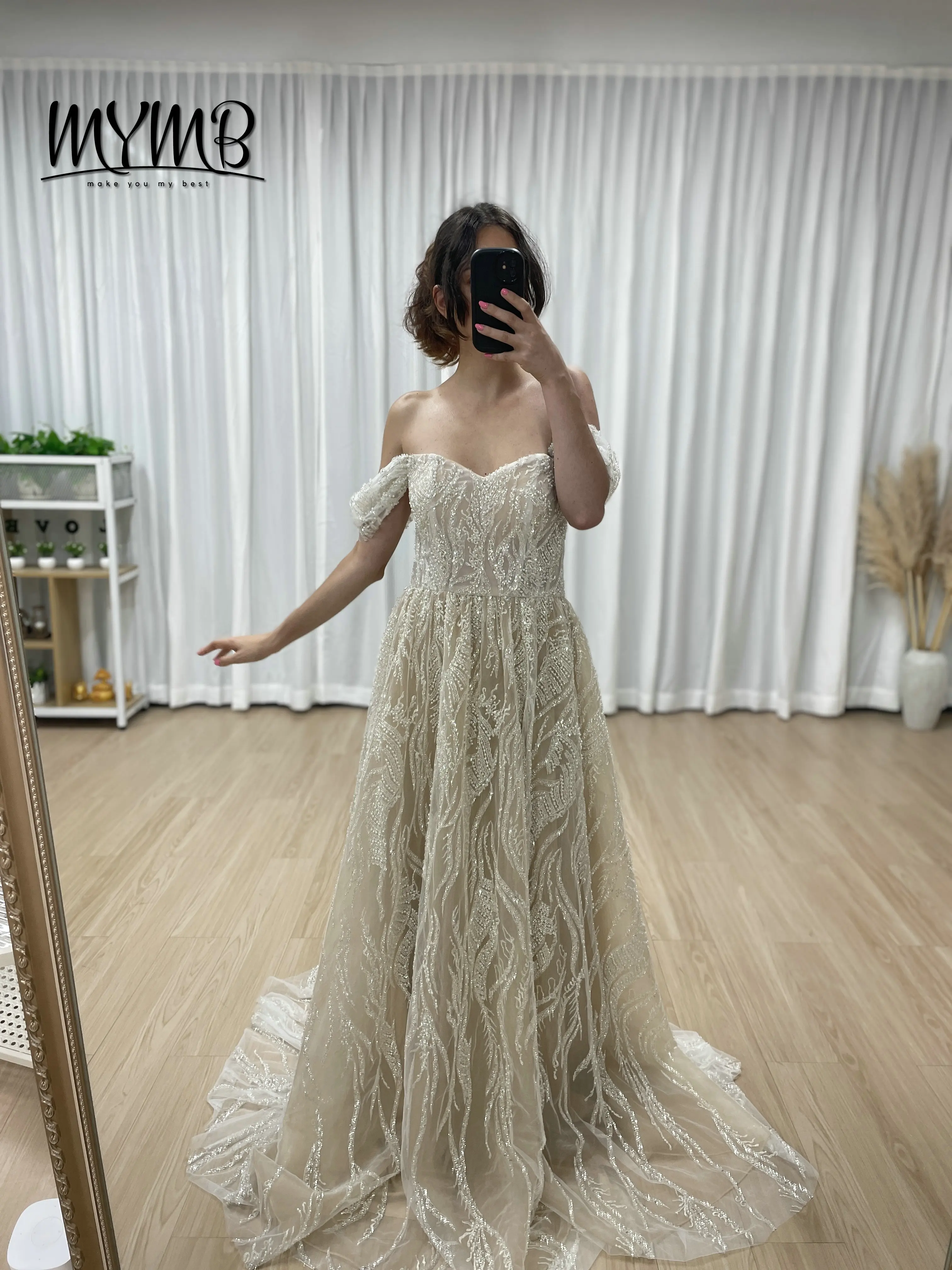MYMB Elegant Beaded Plus Size A-Line Ivory Wedding Dresses for Bride Off Shoulder Sleeve Sweetheart Green Dress Women MY20005-2