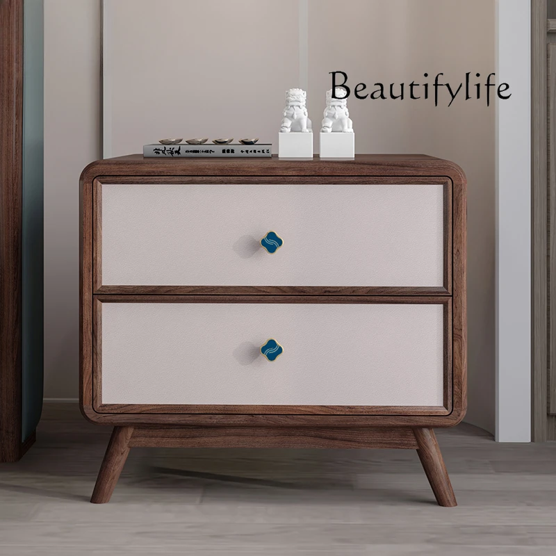 Nordic simple retro design solid wood bedside table Chinese double drawer storage side cabinet