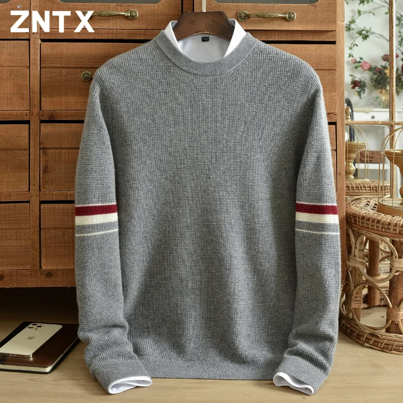 

ZNTX Crewneck pure cashmere sweater men's winter thick pullover striped jacquard youth casual plus size knit sweater top grade