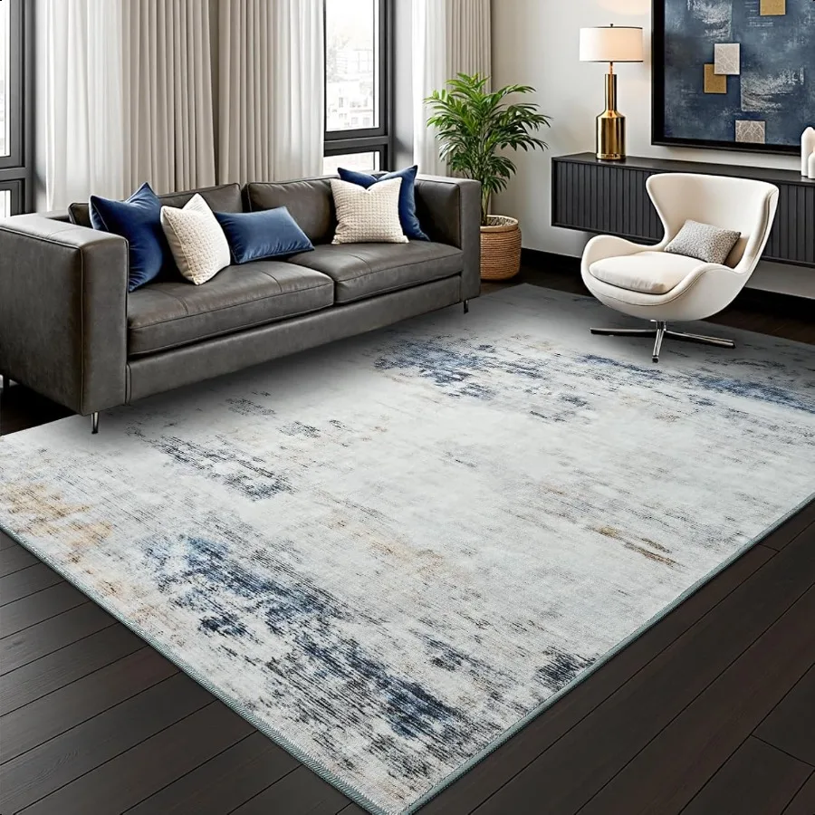 

Abstract Area Rug Modern Washable Rug Soft Non Slip Rug Low Pile for Bedroom Living Room Dining Room Blue White 4x6 Feet