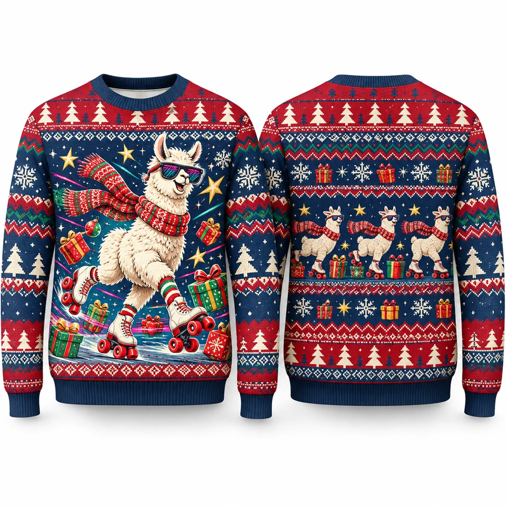Holiday Llama Weihnachtssweatshirt für Herren, 3D lustiges Tiermotiv, Rundhalsausschnitt, Pullover, langärmelig, hässliches Weihnachtsparty-Geschenk, Neuartiges Kleidungsstück – Detail 5