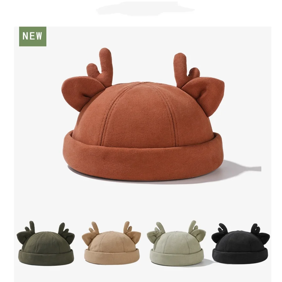 Cute Antlers Melon Hat Children Autumn New Wild Yuppie Landlord Cap Fashion Street Hip-hop Hat Adjustable Brimless Penny Cap