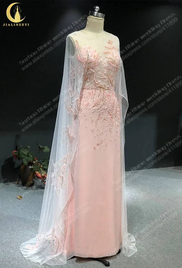 1557 Customized Rhine real Pictures Fashion Cape pink with Beads Luxurious Fashion dress Evening dresses