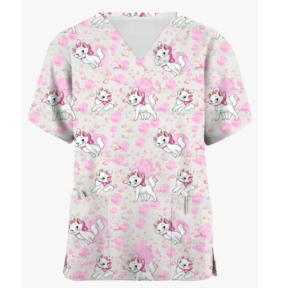 Women Nurse Uniform Mary Cat print V-Neck Pocket Medical Uniforms Cartoon Animal Nursing Scrubs Tops Workear Uniforme enfermera