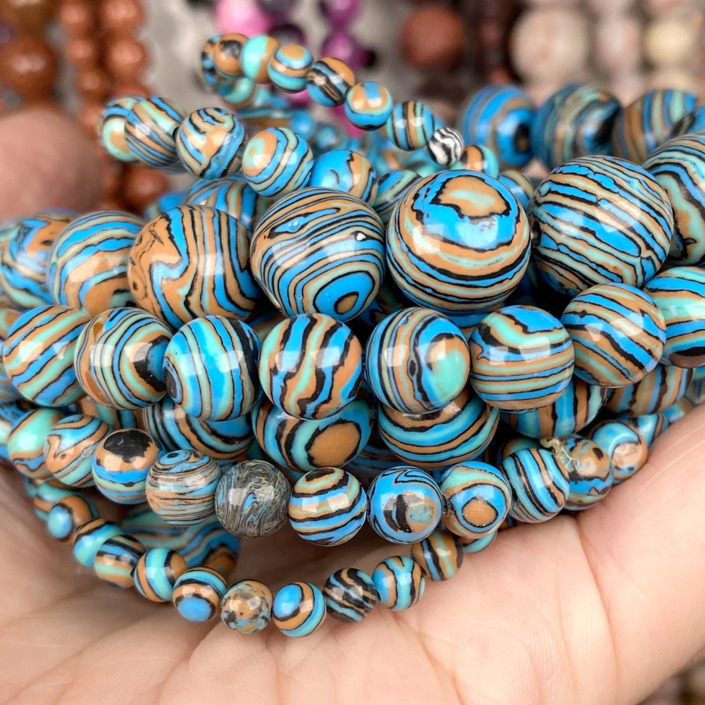 Naturalne kamienne koraliki 4 6 8 10 12mm niebieskie paski malachitowe okrągłe luźne koraliki do tworzenia biżuterii DIY bransoletka naszyjnik
