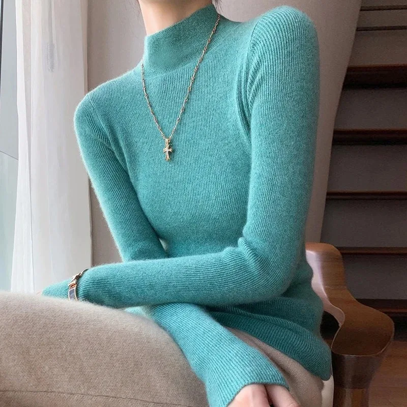 2025 feminino fino ajuste manga longa base pulôver de malha cor sólida camisola de gola alta francês versátil outono inverno quente topos