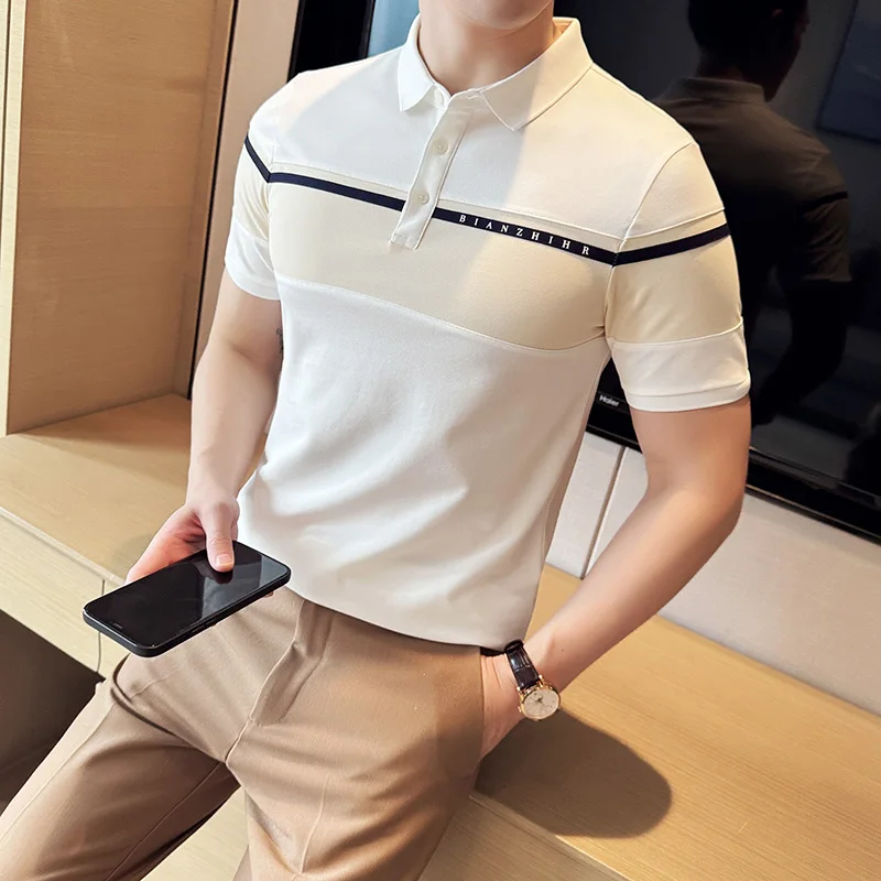 2024 Korean Contrasting POLO Shirt for Men Short Sleeve Slim Fit T-shirts Versatile Business Casual Lapel Tee Tops Men Clothing