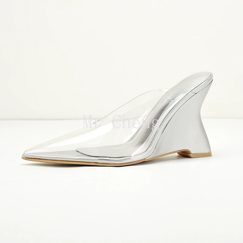 Transparent TPU Pointed Toe Ankle Strap Stiletto Heels for Women Fashion Sexy Summer Sliver Wedge Sandals Size 36-41