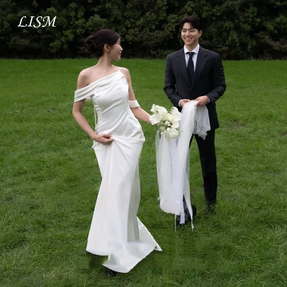 

LISM Простые свадебные платья с открытыми плечами Корейская фотосессия длиной до пола Сексуальные свадебные платья по индивидуальному заказу на молнии сзади