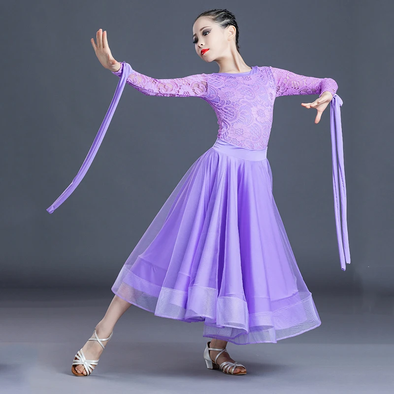 2022 New Ballroom Dance Competition Dress For Girls Long Sleeved Lace Tops Skirts Suit Waltz Rumba Modern Dance Clothing DN12893