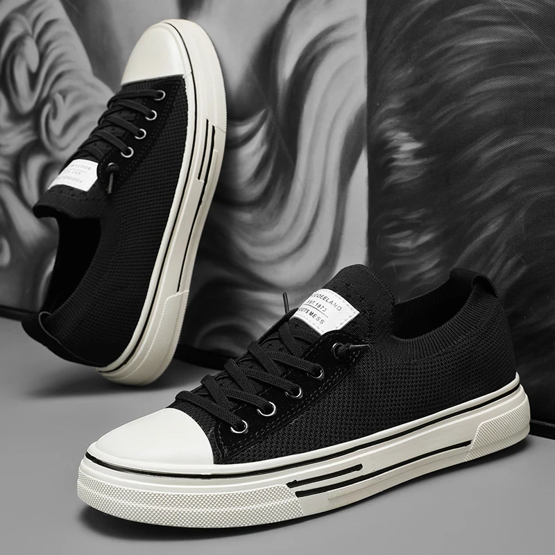 

Мужская вулканизированная обувь с дышащей сеткой, мягкая подошва с цветными блоками, низкий верх и круглый носок, прогулочная повседневная обувь для молодежи