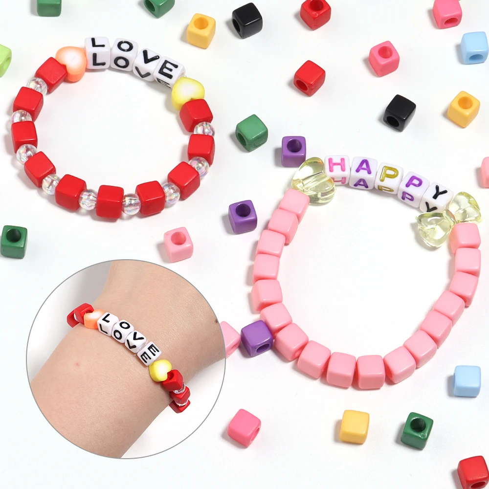 100Pcs Acrylic Square Beads Solid Color Cube Large Hole Loose Bead for Handmade Jewelry Beading DIY Bracelet Earrings Supplies