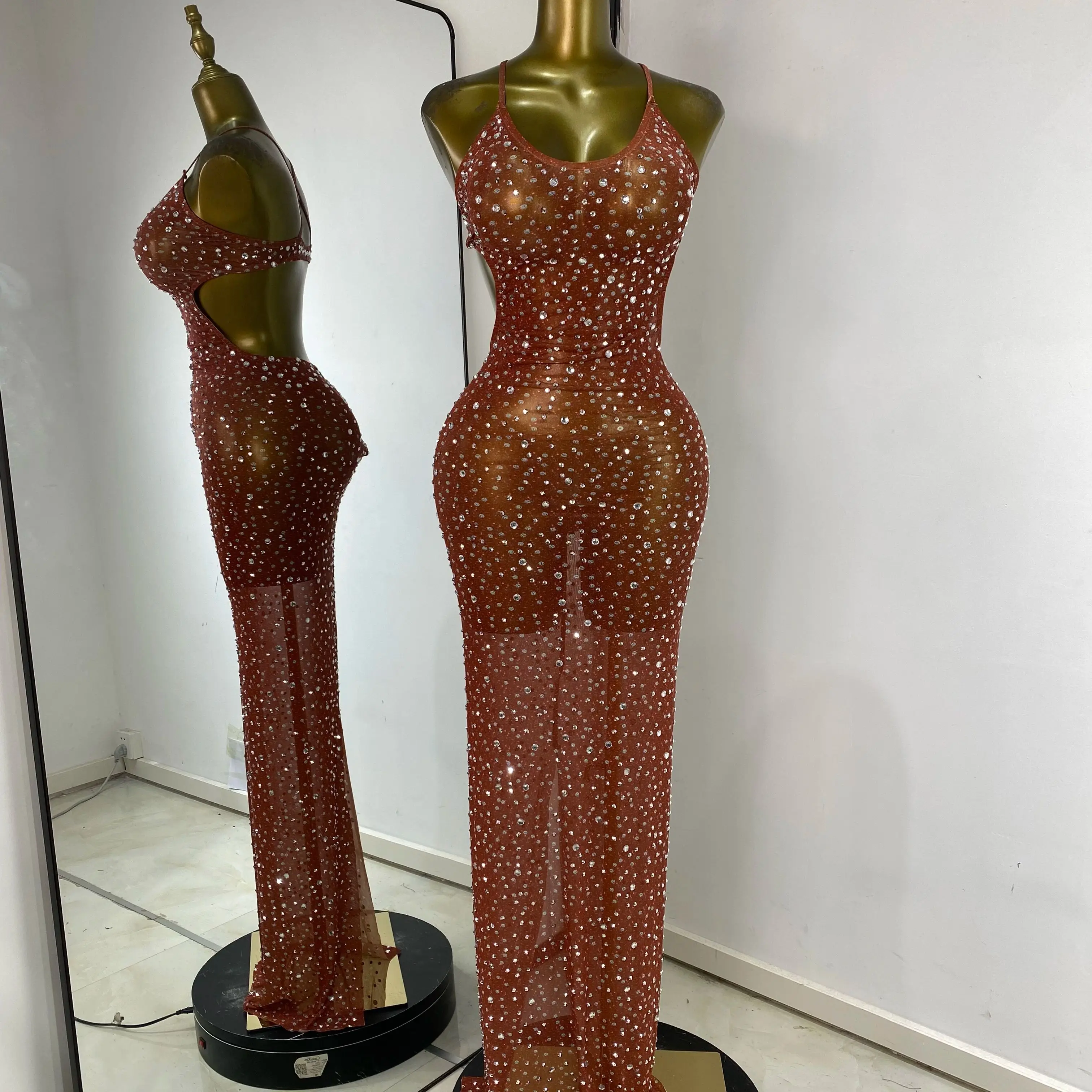 Women Luxury Brown Printed Rhinestones Cut Out See Through Maxi Long Dress Sexy Birthday Celebrity Evening Club Party Dresses