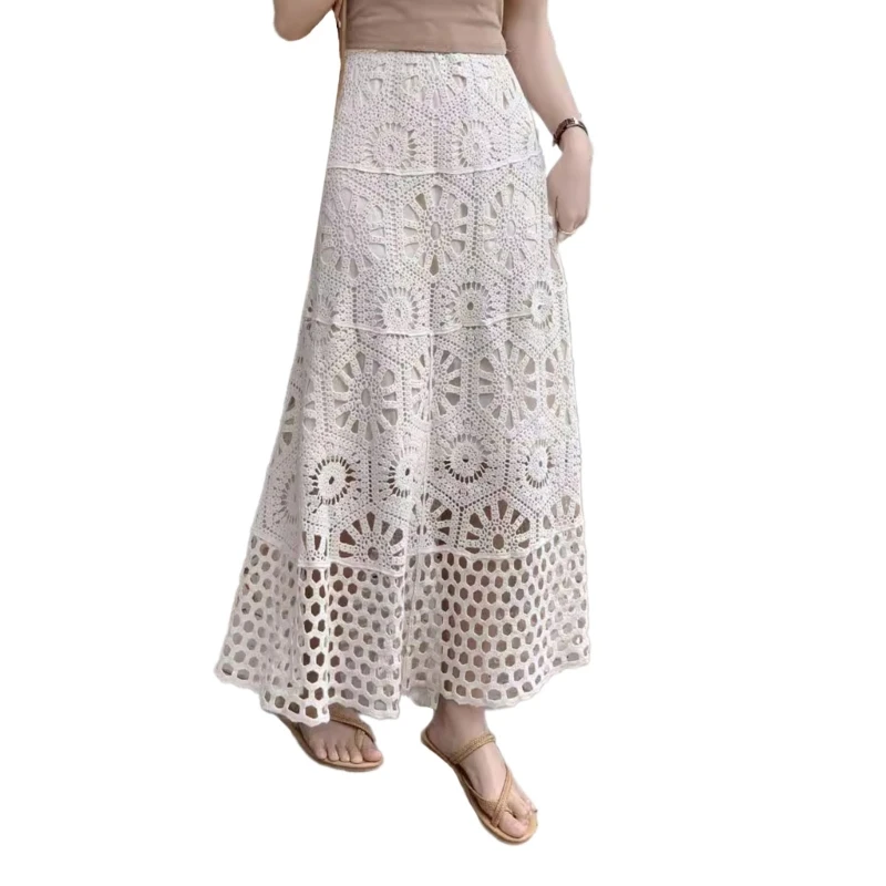 Women Hollow Out Crochet Knit Bohemian Flower Pattern A Line Beach Long Skirt