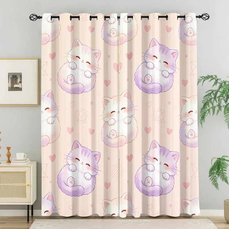 2 Panels Curtains Printed Curtains Darkening Curtains Curtains Light Blocking Rate 85% Cute Cartoon Kitten Bedroom Window Decor
