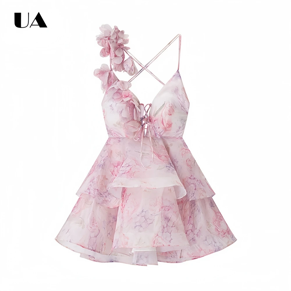 

Fashionable Flower Printed Ruffled Mini Dress with Spaghetti Strap, Elegant Sleeveless Appliqued Dress, Hotsweet Backless Dress