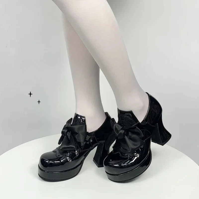 日本オリジナル ゴシック ダーク レース リボン ロリータ サブカルチャー ハイヒール レトロ ブラック ベルベット ワイン グラスとプラットフォーム レディース シューズ