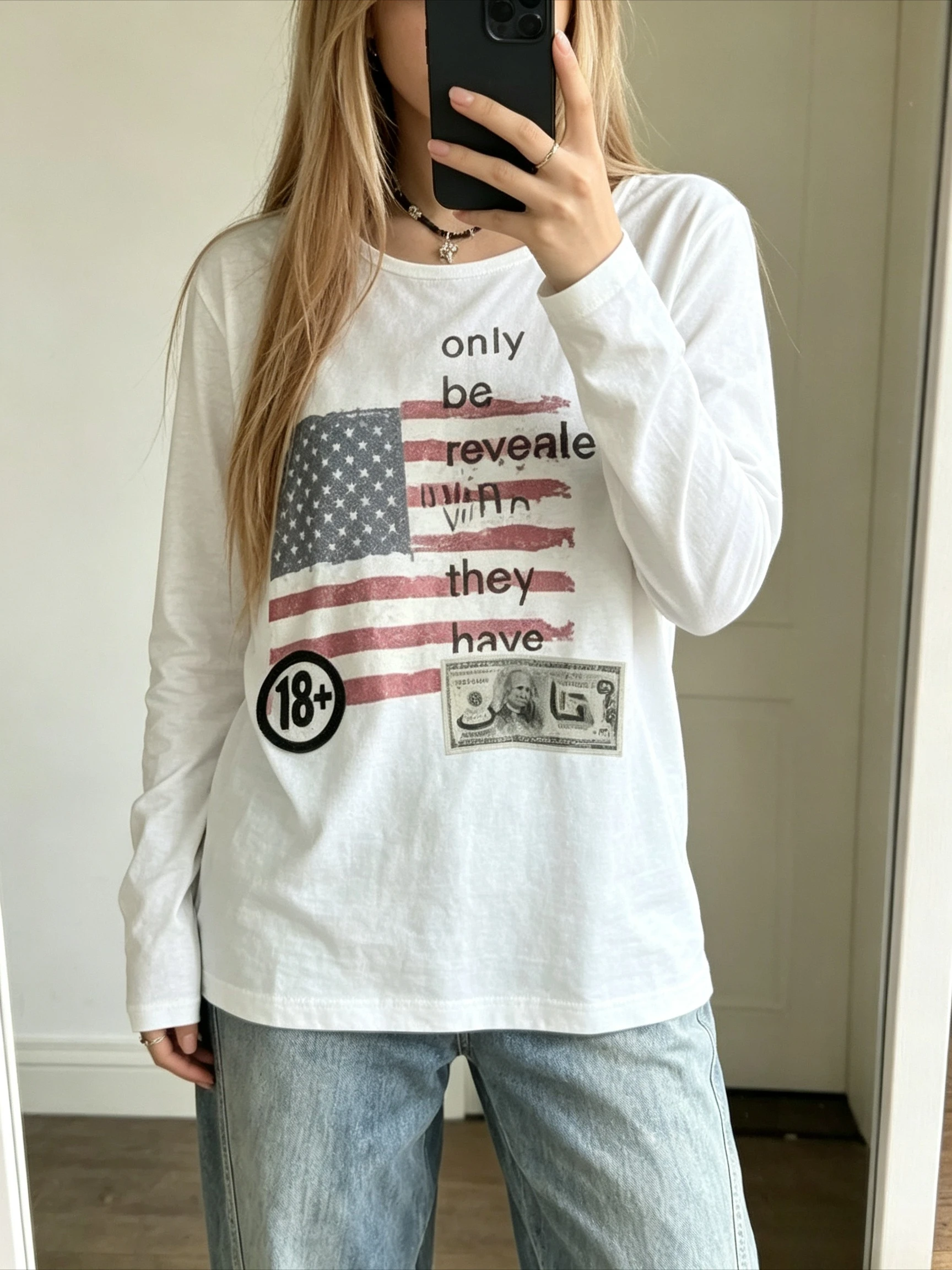 Casual Round Neck Long Sleeve T Shirt White Basic Tops Retro Art Print Centipede Buddha Headset Flag Dollar Letter Graphic Tees
