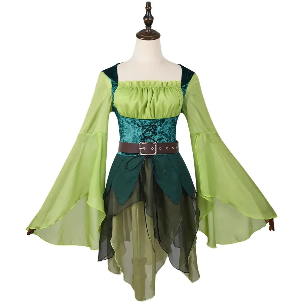 Disfraz de Elfo Irlandés Verde para Mujer, Vestido de Mago Medieval, Disfraz de Duende Mágico, Disfraz de Arquera para Halloween, Disfraz de Bosque Renacentista