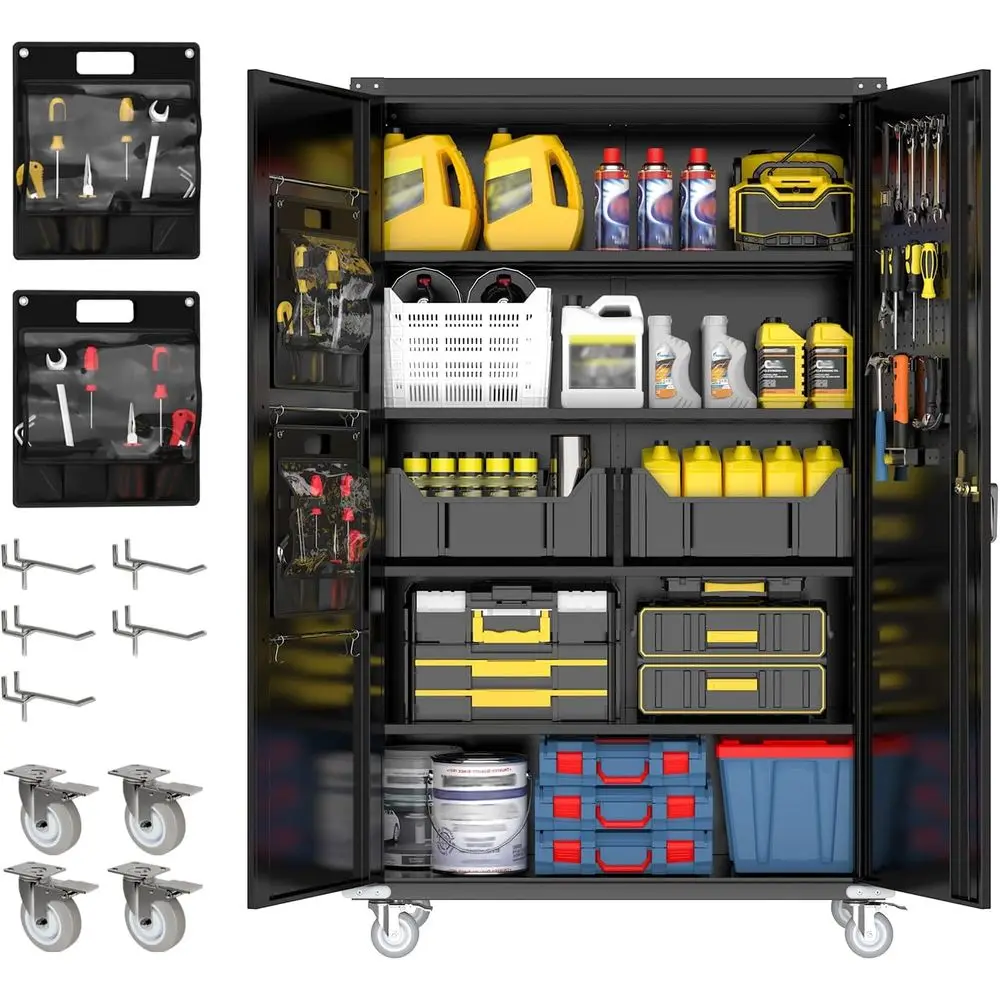 

72 Tall Rolling Garage Storage Cabinet with Wheels, Pegboards, Lockable Doors, Adjustable Shelves