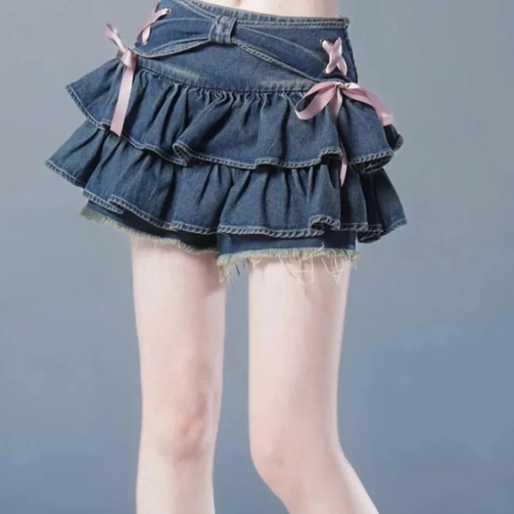 

Fashion All-match Blue Denim Skirt for Women Y2k High Waist Ruched A-line Skirts 2024 Summer New Bow Lace Up Faldas Mujer