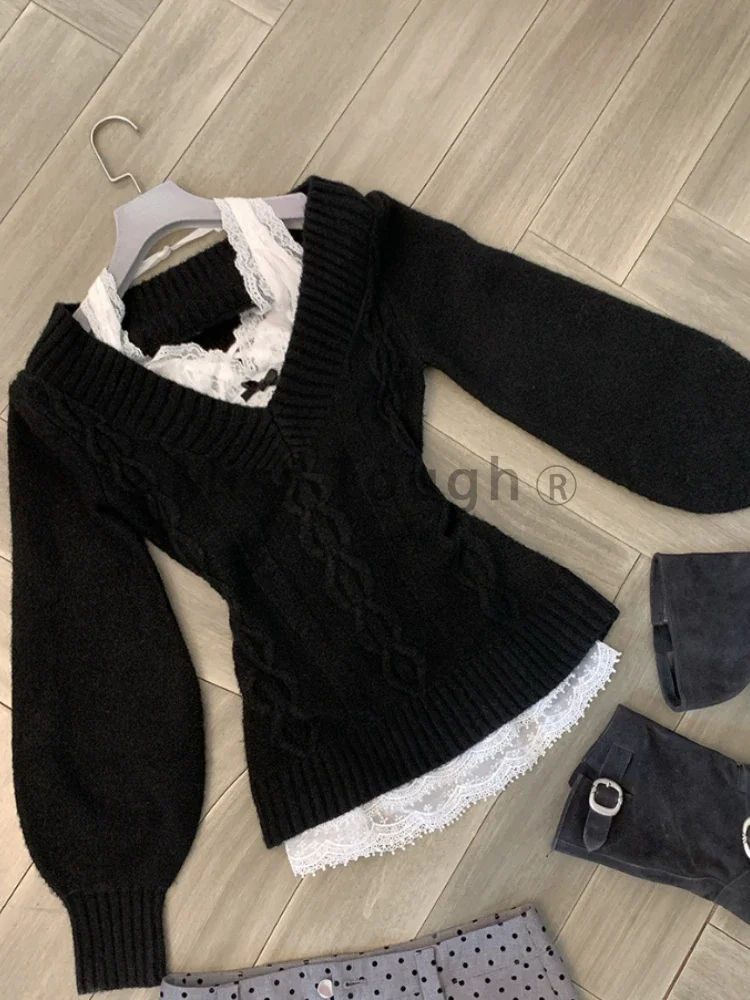 Winter Korean Fashion V-neck Knitted Tops Women Vintage Chic Long Sleeve Solid Slim Sweater Female Casual Elastic Thin Knit Top