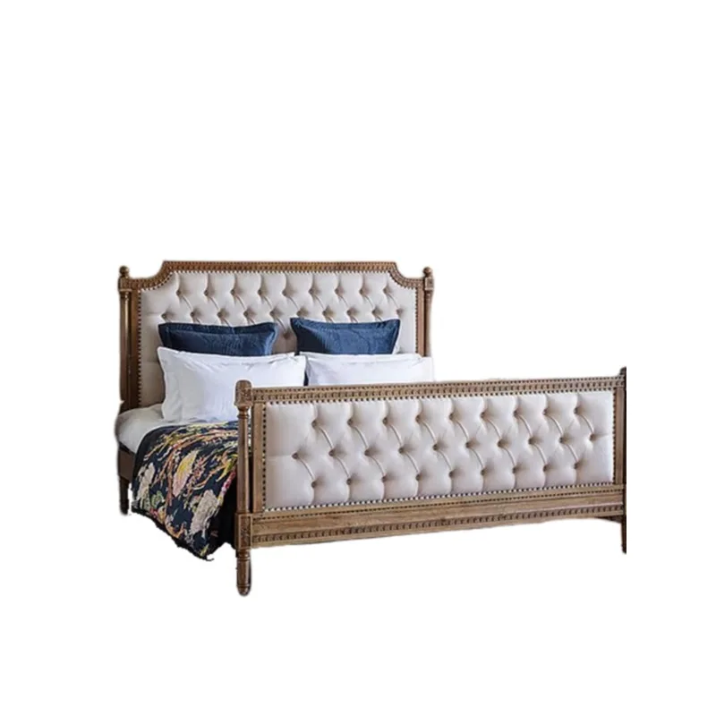 

Retro solid wood bedroom double bed European luxury master bedroom buckle fabric soft bag bed
