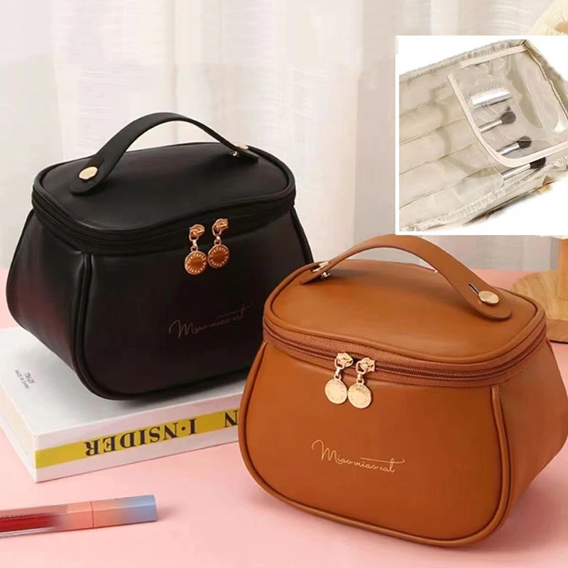 Multifunctional Makeup Bag For Women PU Leather Large Capacity Portable Double Zipper Travel Makeup Brush Toiletries Storage Bag