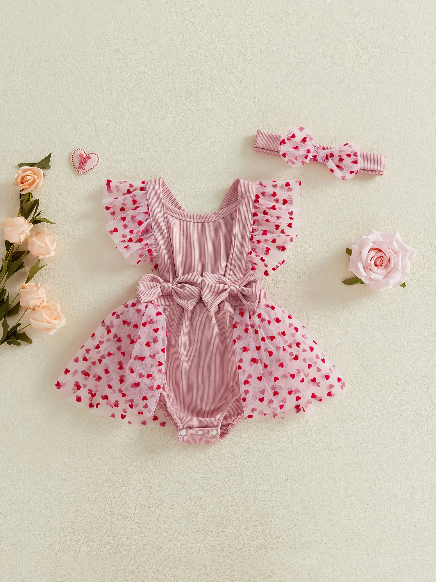 

Adorable Baby Girl Ruffle Sleeve Heart Print Bodysuit with Matching Headband Set for Valentine s Day Outfit