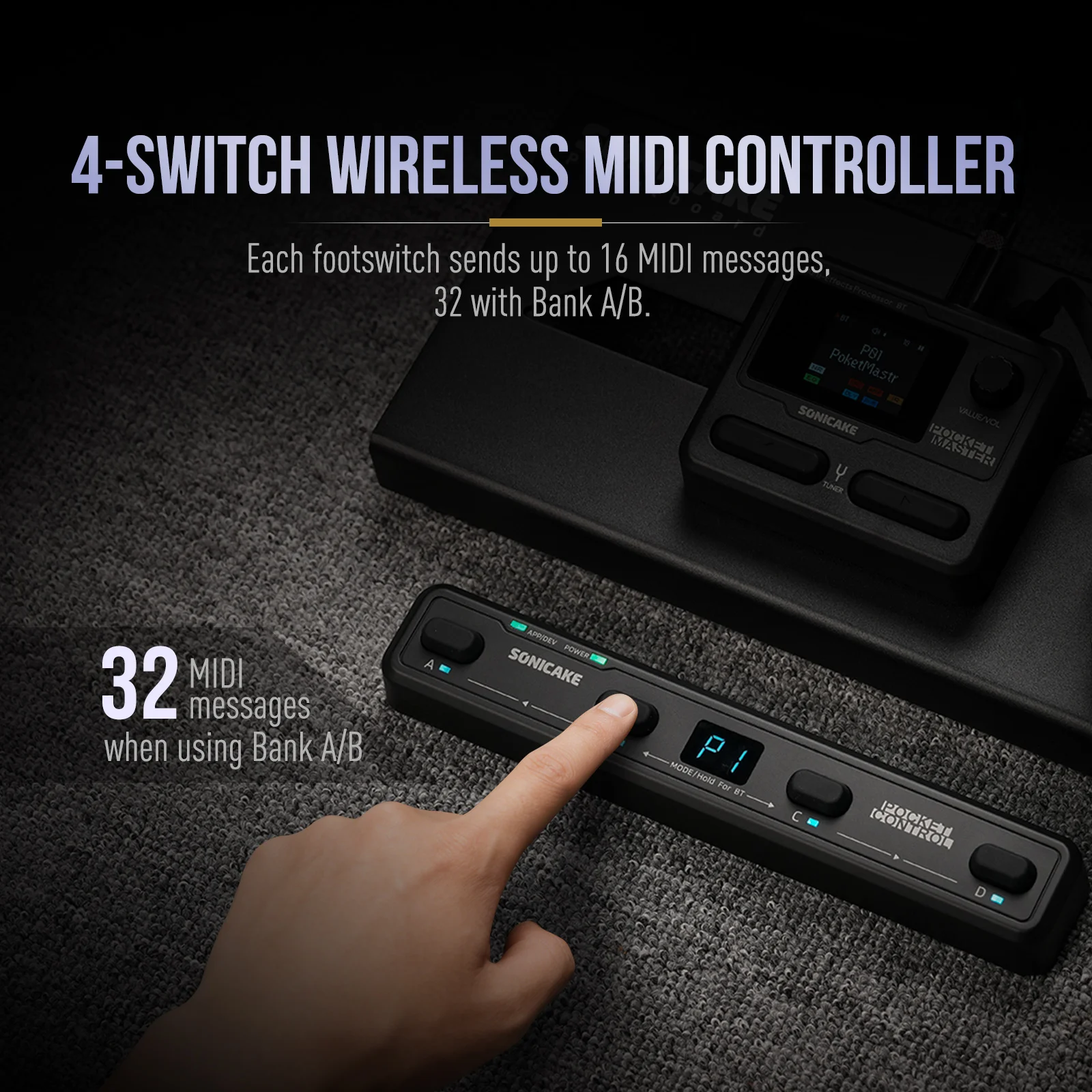 SONICAKE Local Pocket Control Colorful Portable Wireless MIDI Controller 4 Programmable Footswitches, USB Host, Battery Built-in view 3