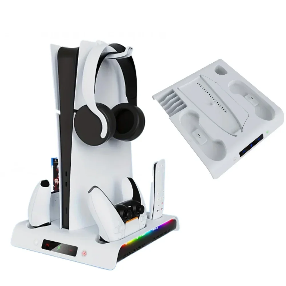 

Charging Stand for PS5 Slim Cooling fan Stand Dual Controller with RGB Charger Station Headset Holder for P5 Slim Console