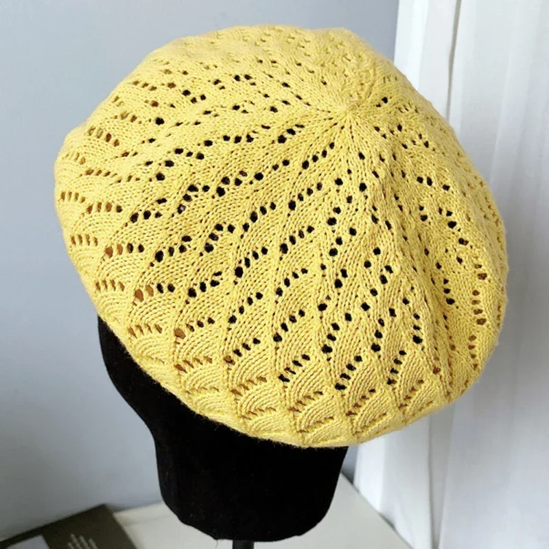 Sombreros de boina de verano para mujer, Gorro plano de punto, Boina hueca, sombrero de pintor francés, gorra para el sol