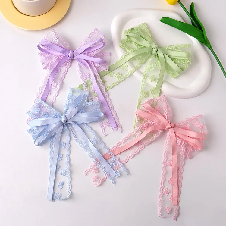 

Новинка 2025, стильные заколки для волос с кружевной лентой и бантом, балетные девичьи заколки из кожи аллигатора для детских волос, аксессуары для боковой челки