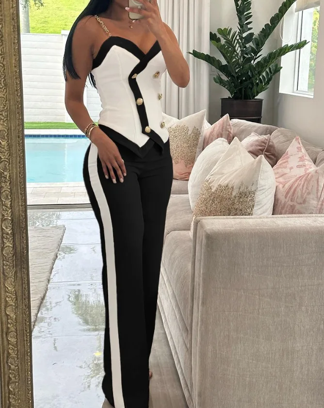 

Summer Fashion New Commuter Women Two Piece Set Sexy V-neck Metal Suspender Top Wide Leg Trousers Double-breasted Slim Suit