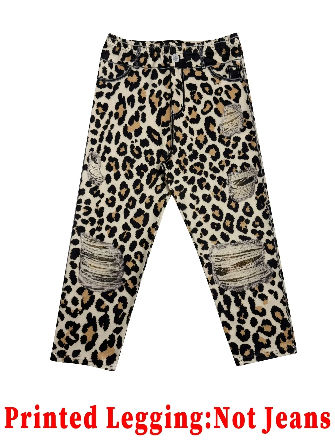 Bedruckte 7/8-Leggings, Stoff ohne Denim, Allover-Print im Faux-Jeans-Look, mit Scheintaschen- und Knopf-Print, hochelastische Slim-Fit-Hose. – Detail 4