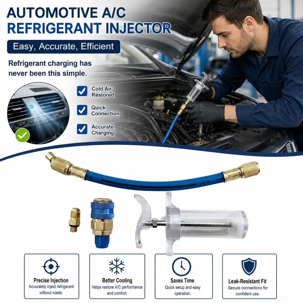 Car A/C Oil/Dye Injector With Low Side Quick Coupler Adapter 1/4 Air Conditioning Automotive Oiler Injection Syringe