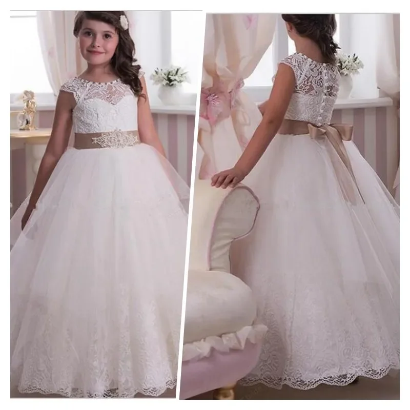 

Kids Lace Flower Girls Dresses Scoop Ball Gown First Communion Dress For Prom Gowns Birthday Wedding Party Vestidos