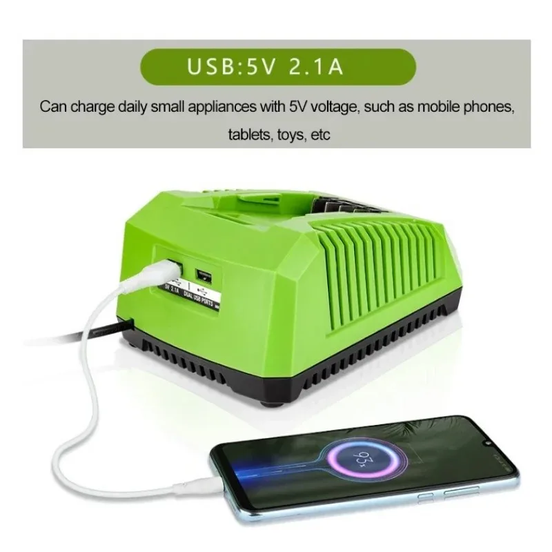 For Greenworks 40V Lithium Battery Power Tools Portable Charging  Replacement Charger With 5V 2.1A USB charging port