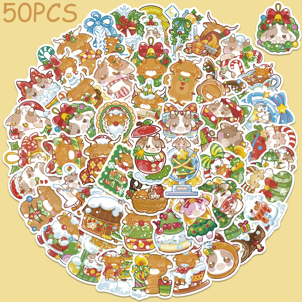 

50pcs Christmas Cartoon Calf Stickers Decals For Phone Laptop Suitcase Refrigerator DIY Aesthetic Stickers Kids Festival Gifts