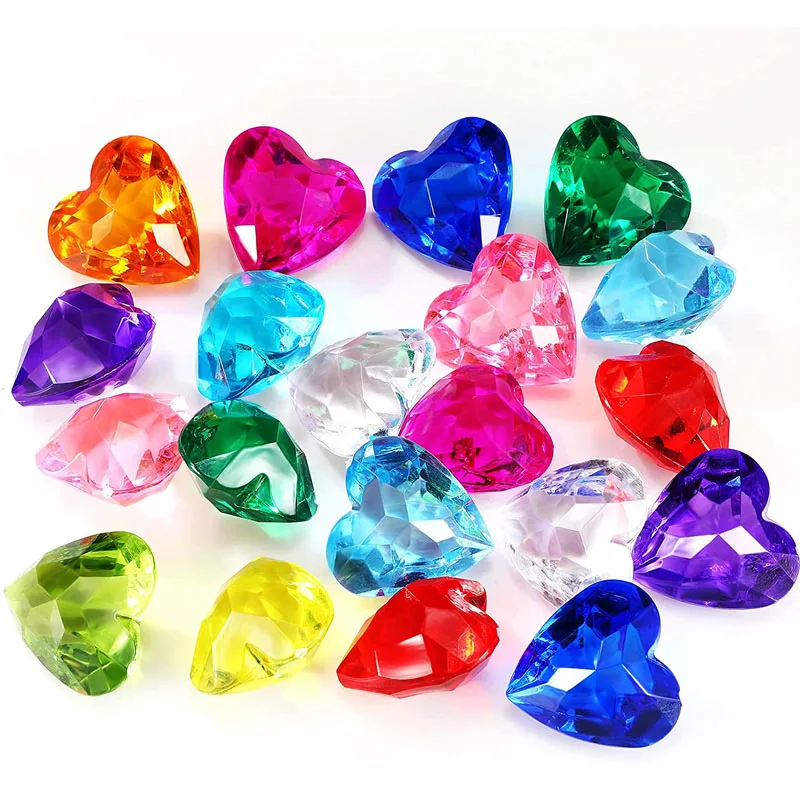 6PCS 40MM Heart Shaped Acrylic Diamond Gems Jewels Pirate Treasure Chest Hunt Party Favors For Kids Birthday Halloween Gifts