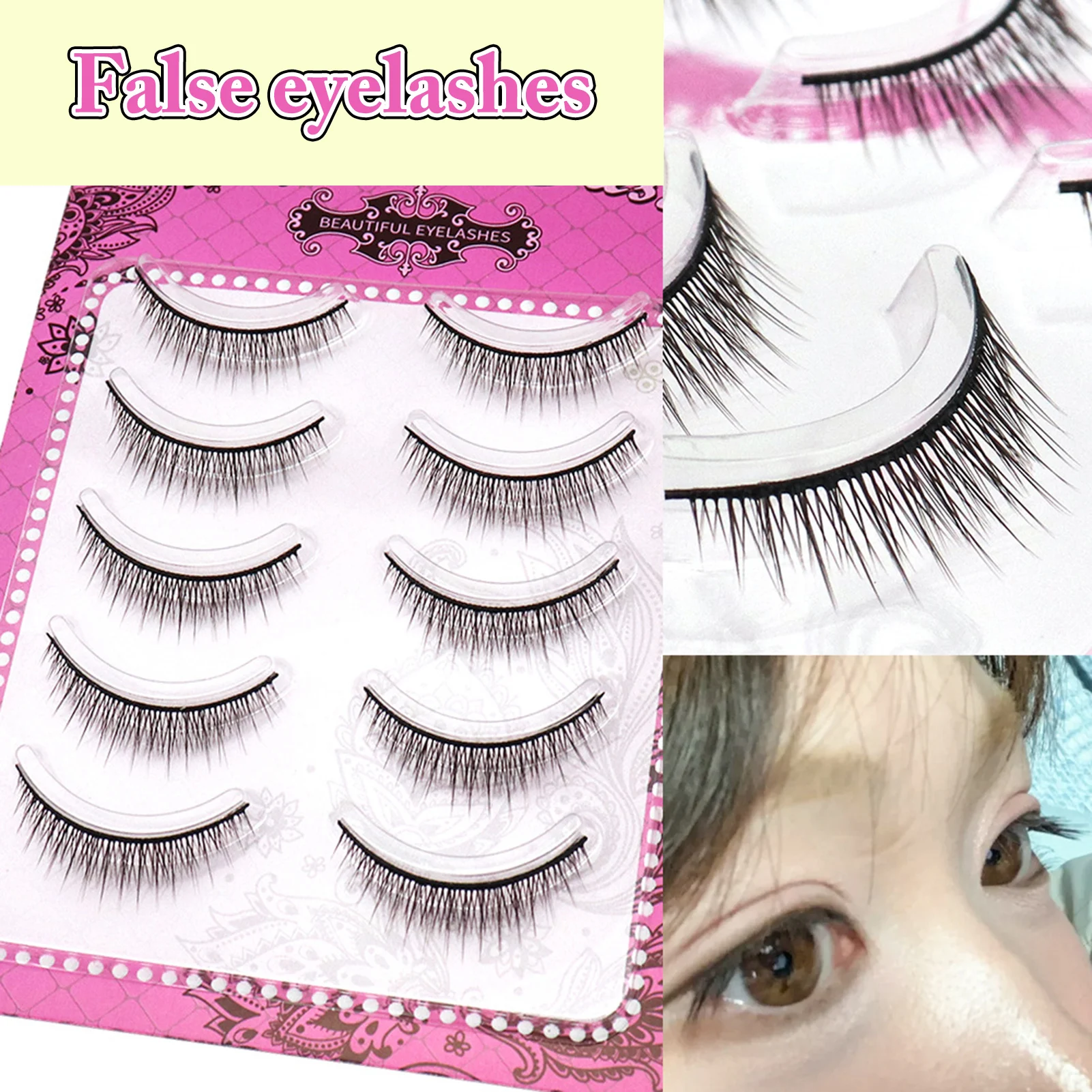 5ペア入りフルストリップつけまつげ 韓国風 DIY コスプレ ドールアイ ふんわりまつげ ナチュラル ソフト つけまつげ メイクアップ用品