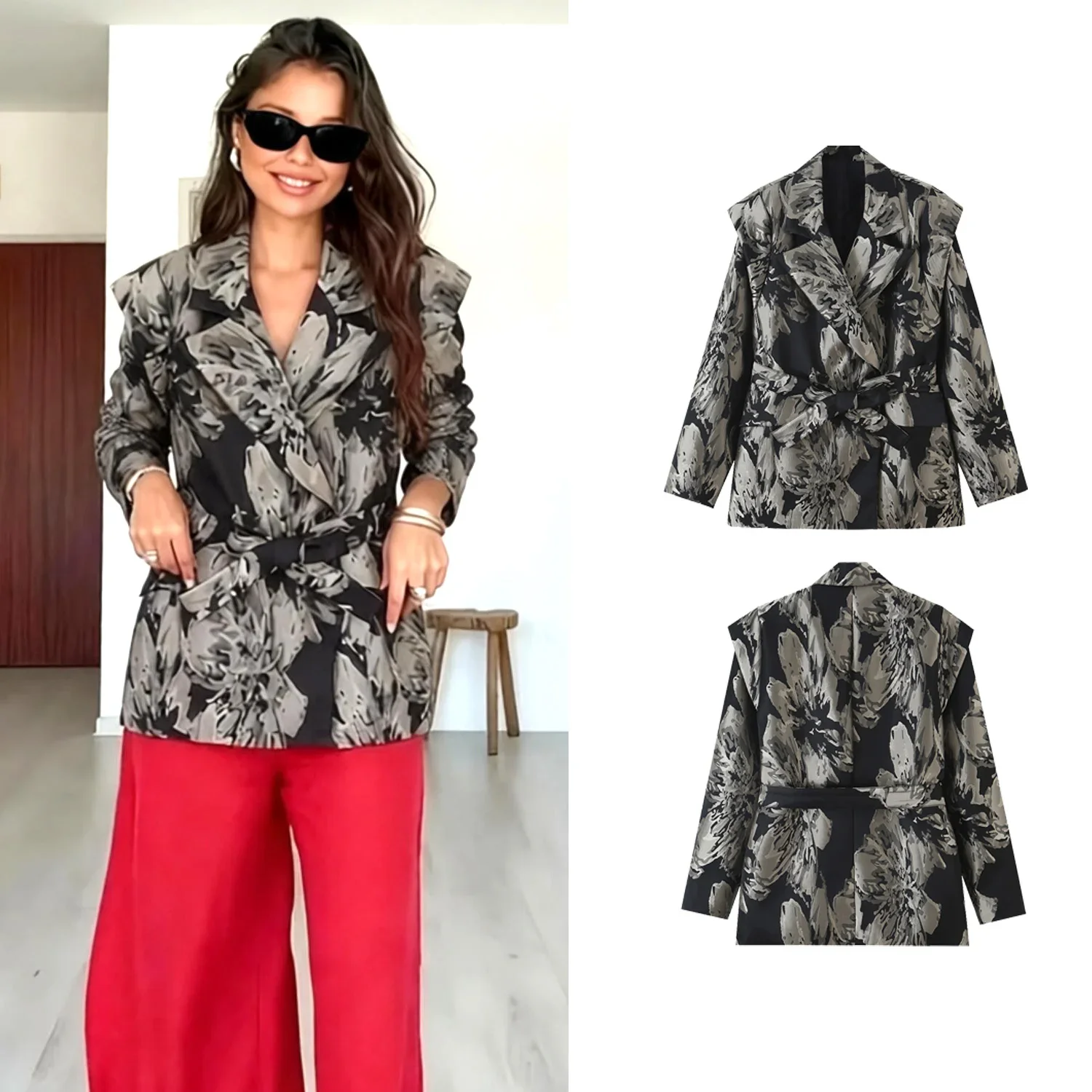 Vintage Jacquard Women Blazer Spring Autumn Female Lapel Full Sleeved Tie Belt Jacket Coats Lady Slim Commuter Fashion Blazer