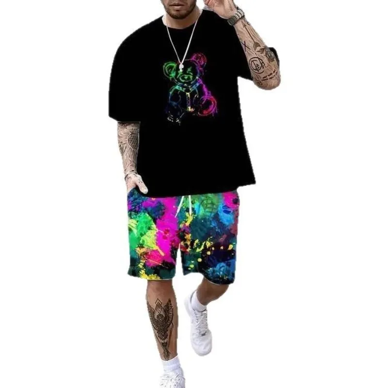 Summer Casual Men Fashion Short Sleeve Graphic T-shirt Loose Stretch Breathable Pullover High Street Trend Printed Men's Suit