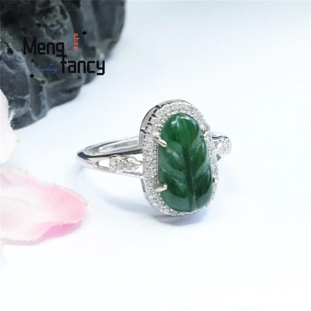 S925 Silver Lnlaid Natural Jadeite With Ice Type Imperial Green Leaf Ring Exquisite Elegant Charm High-grade Couple Fine Jewelry