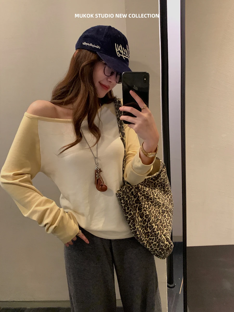 MUKOK Women's Long Sleeve T-Shirt Shoulder Insert Design Casual Style Color Block Soft Skin-Friendly Two-Way Wear Autumn New