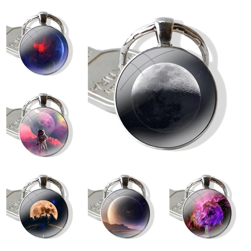 Sky Space planet Moon stars Keychain Handmade Glass Cabochon Key Ring Holder Pendant Key Chains