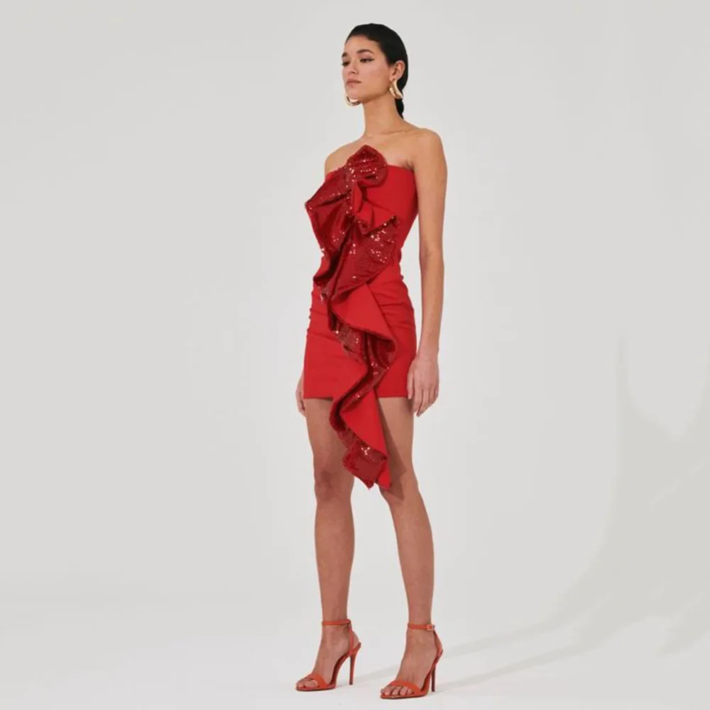 New Women'S Red Sexy Strapless Ruffle Edge Sequin Tight Mini Elegant Party Dress